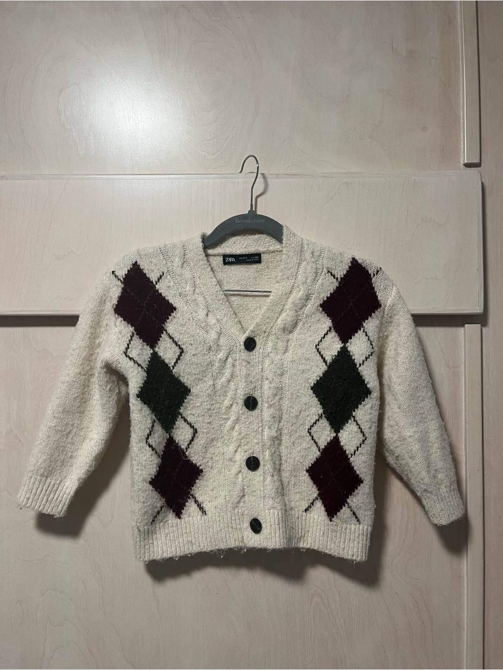 Zara Kids Cream Argyle Button Cardigan with Burgundy & Dark Green Diamonds